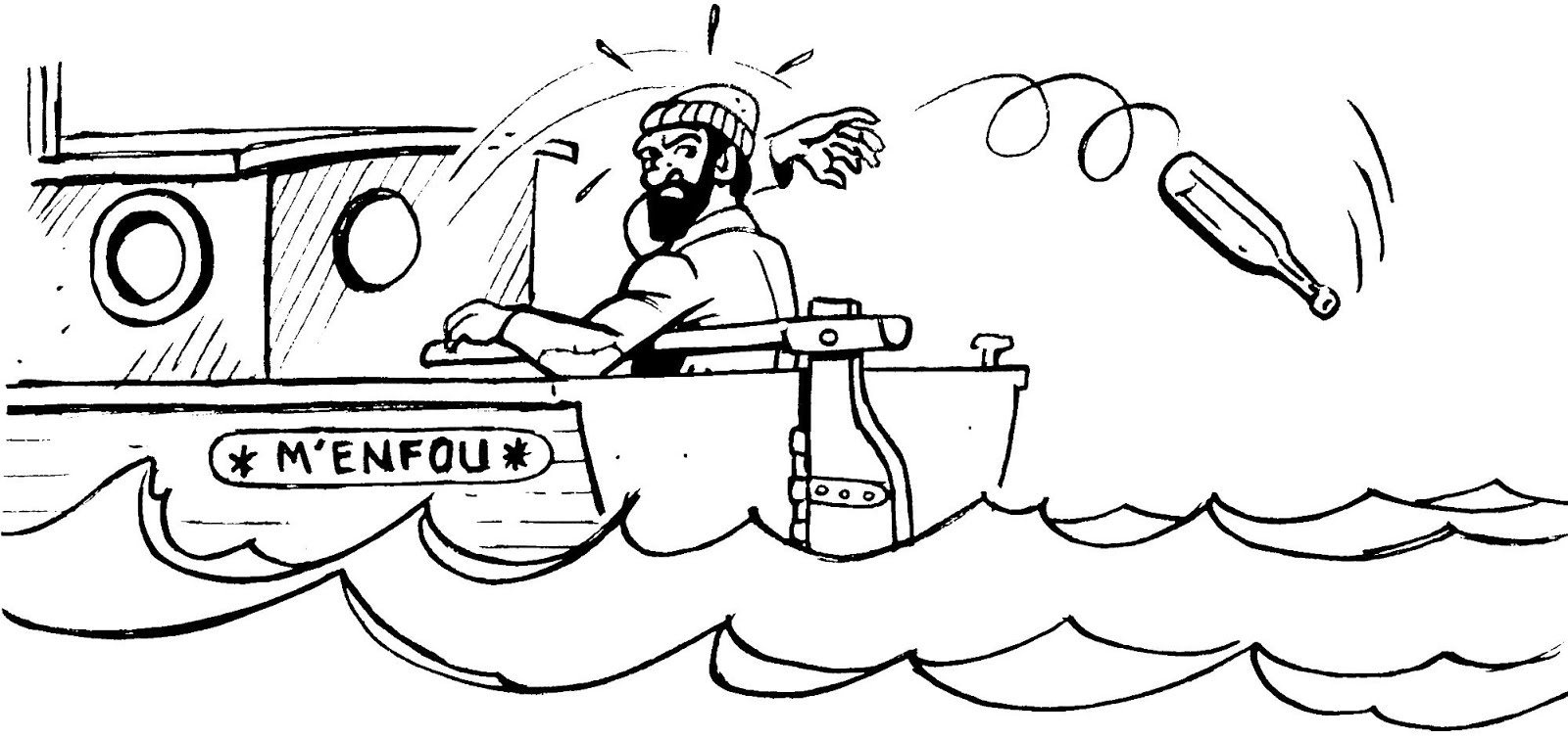 Dessin marin jetant une bouteille par dessu bord